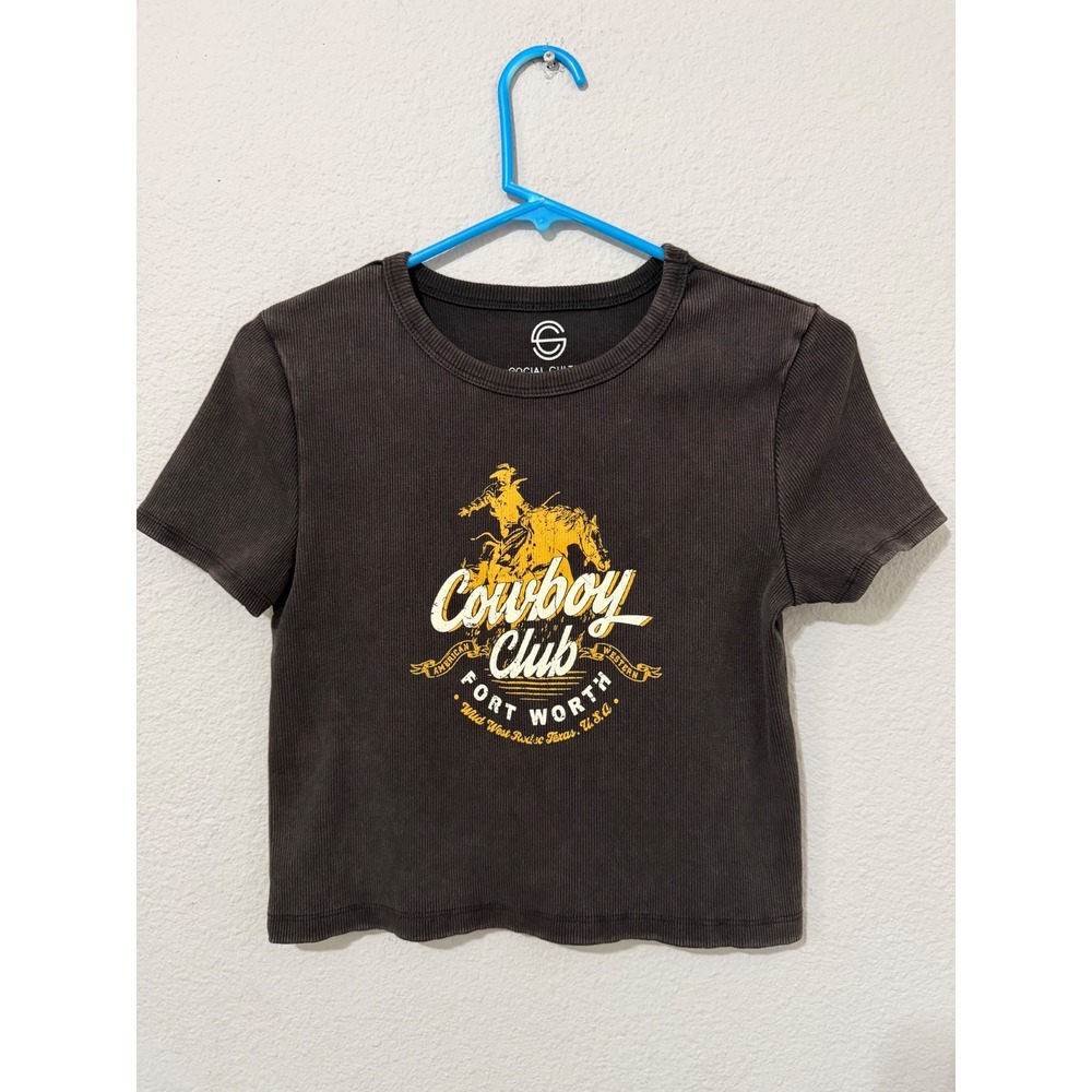 Texas Rodeo Women Top Size XL Cowboy Club Fort Worth Ribbed Crop Washed Black